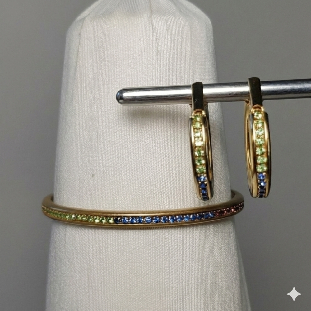 Bracelet & Earrings Set NEW Gold Plated Vintage Rainbow Glass Rhinestone Clip-On - Picture 4 of 11